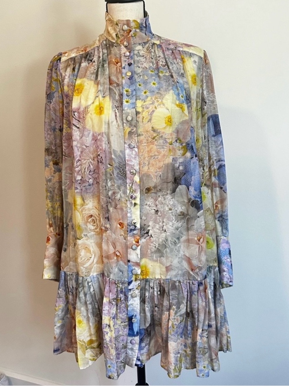 Zimmermann Pastel Floral Long Sleeve Ruffle Hem Dress